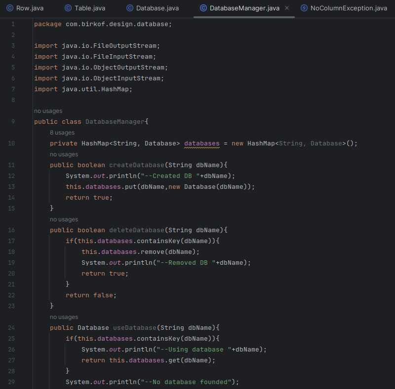 In-memory database design DatabaseManager class part 1
