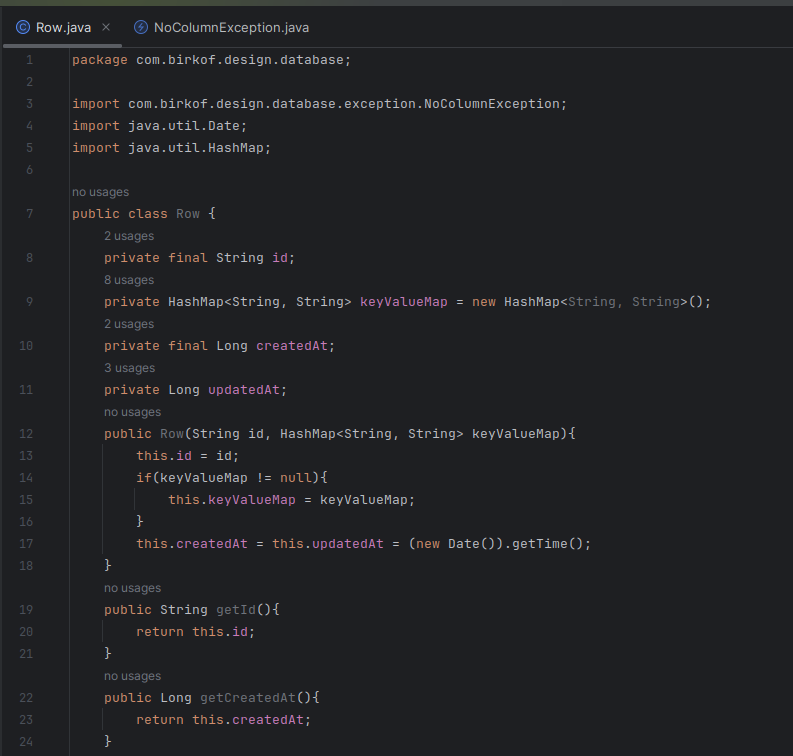 In-memory database design Row class part 1
